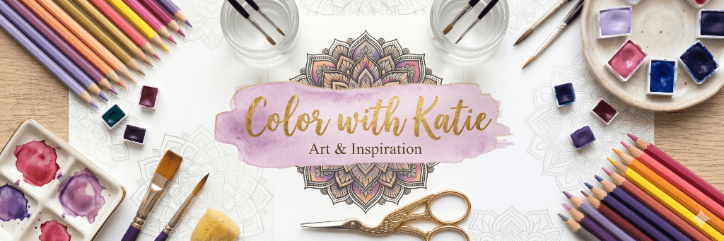 Color with Katie — Art & Inspiration, watercolor paints and colorful pencils surrounding a beautiful mandala