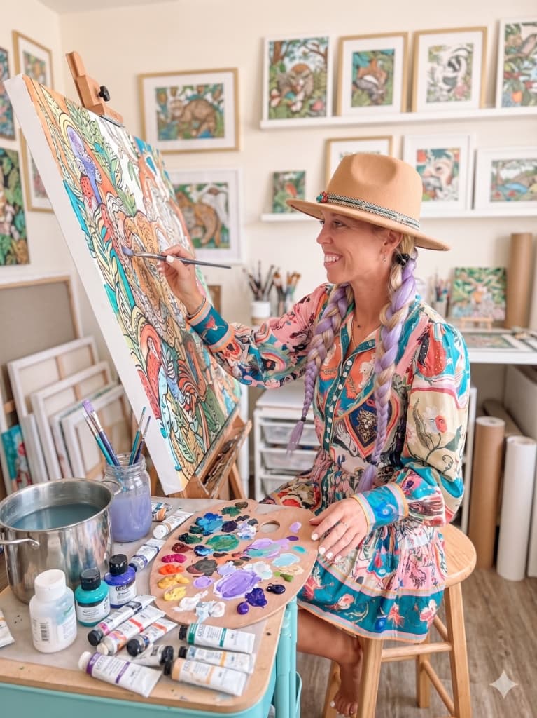 Katie Lundgren painting in her art studio